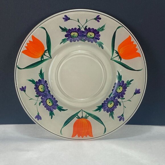 Hand Painted Glass Serving Plate Orange Purple Flowers - Picture 1 of 9